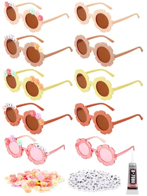 10 Pairs Kids Round Flower Sunglasses Glasses Outdoor Eyewear for Kid with 50 Daisy 100 Random Letter Beads (Elegant Color)