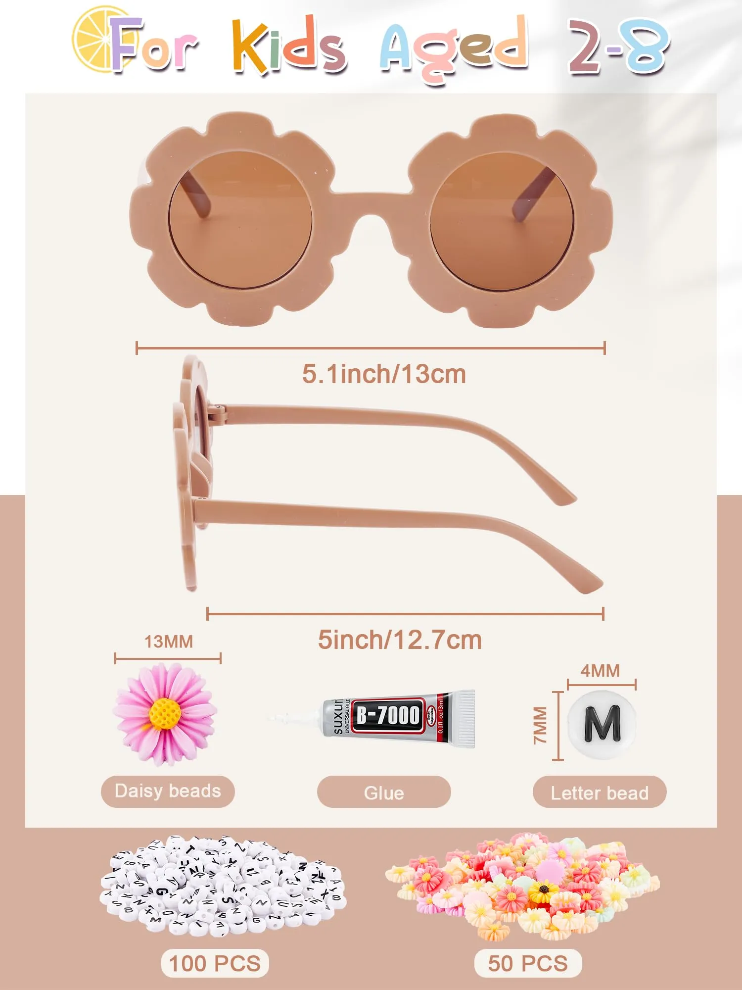 10 Pairs Kids Round Flower Sunglasses Glasses Outdoor Eyewear for Kid with 50 Daisy 100 Random Letter Beads (Elegant Color)