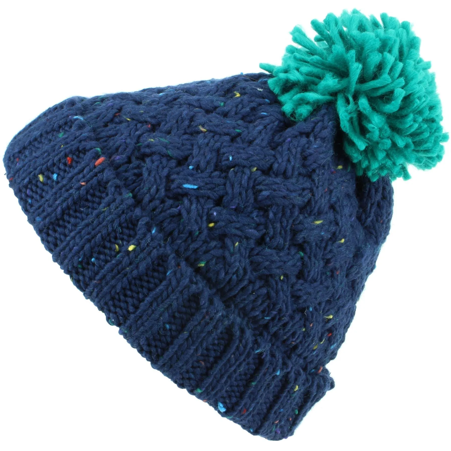 Children's Chunky Lattice Knit Navy Fleck Bobble Beanie Hat with Fleece Lining - Green Bobble