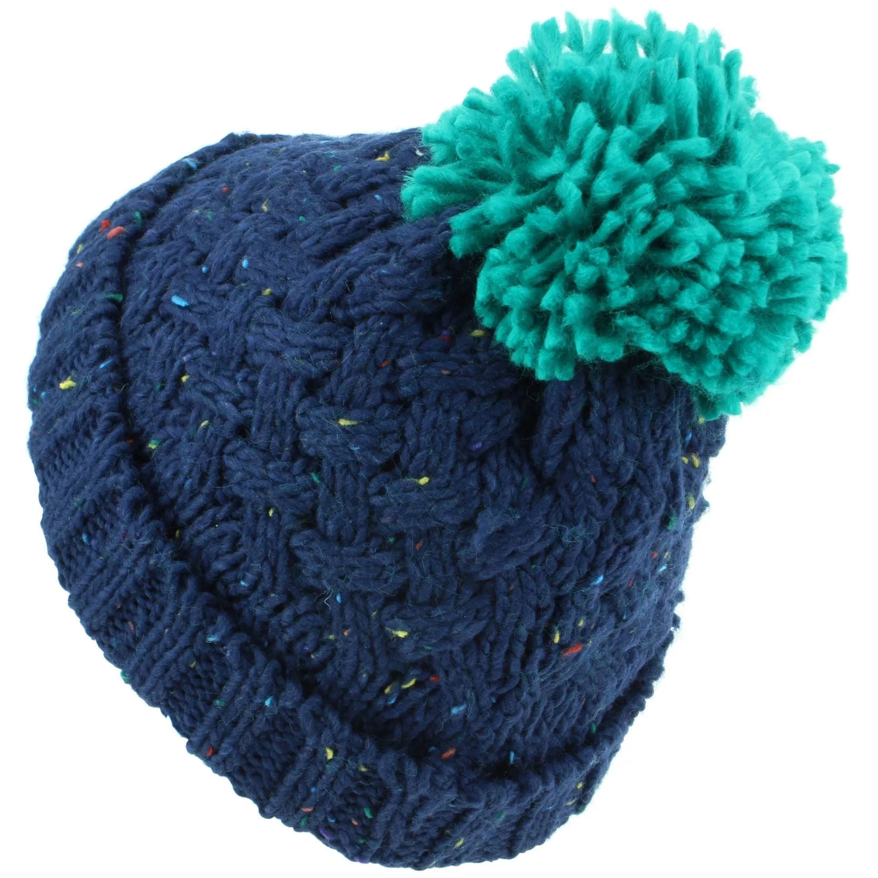 Children's Chunky Lattice Knit Navy Fleck Bobble Beanie Hat with Fleece Lining - Green Bobble