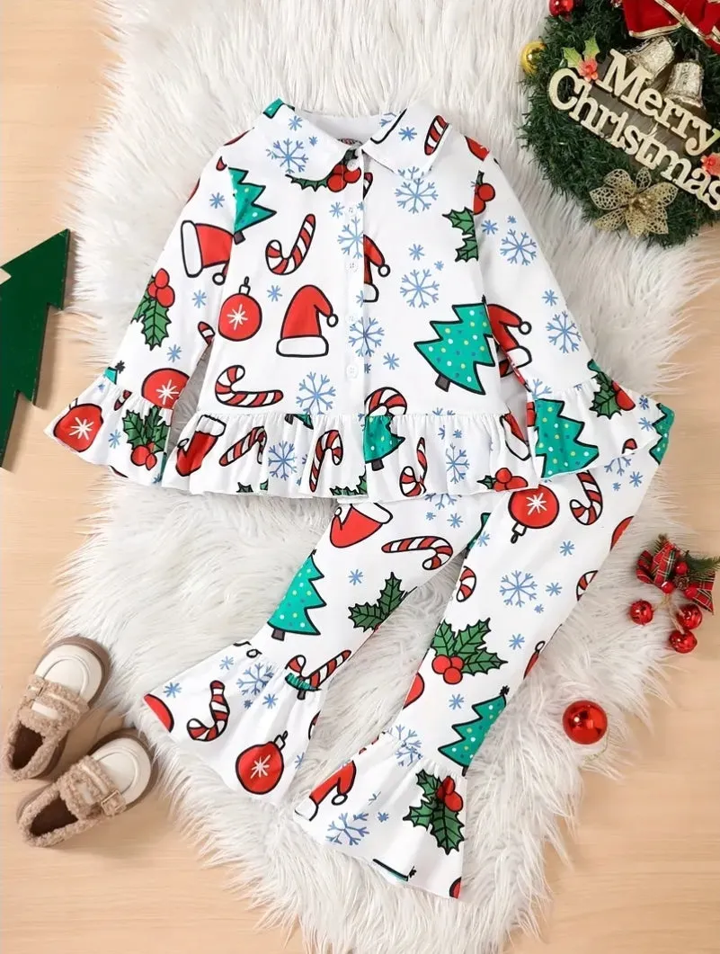 Children's White Candy Cane Frill Christmas Pyjamas