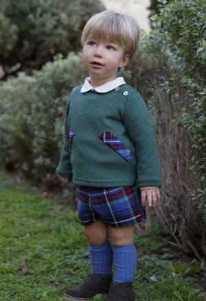 DBB Collection AW24 - Boys Blue, Green & Red Tartan Shorts & Shirt Set with Matching Green Sweater