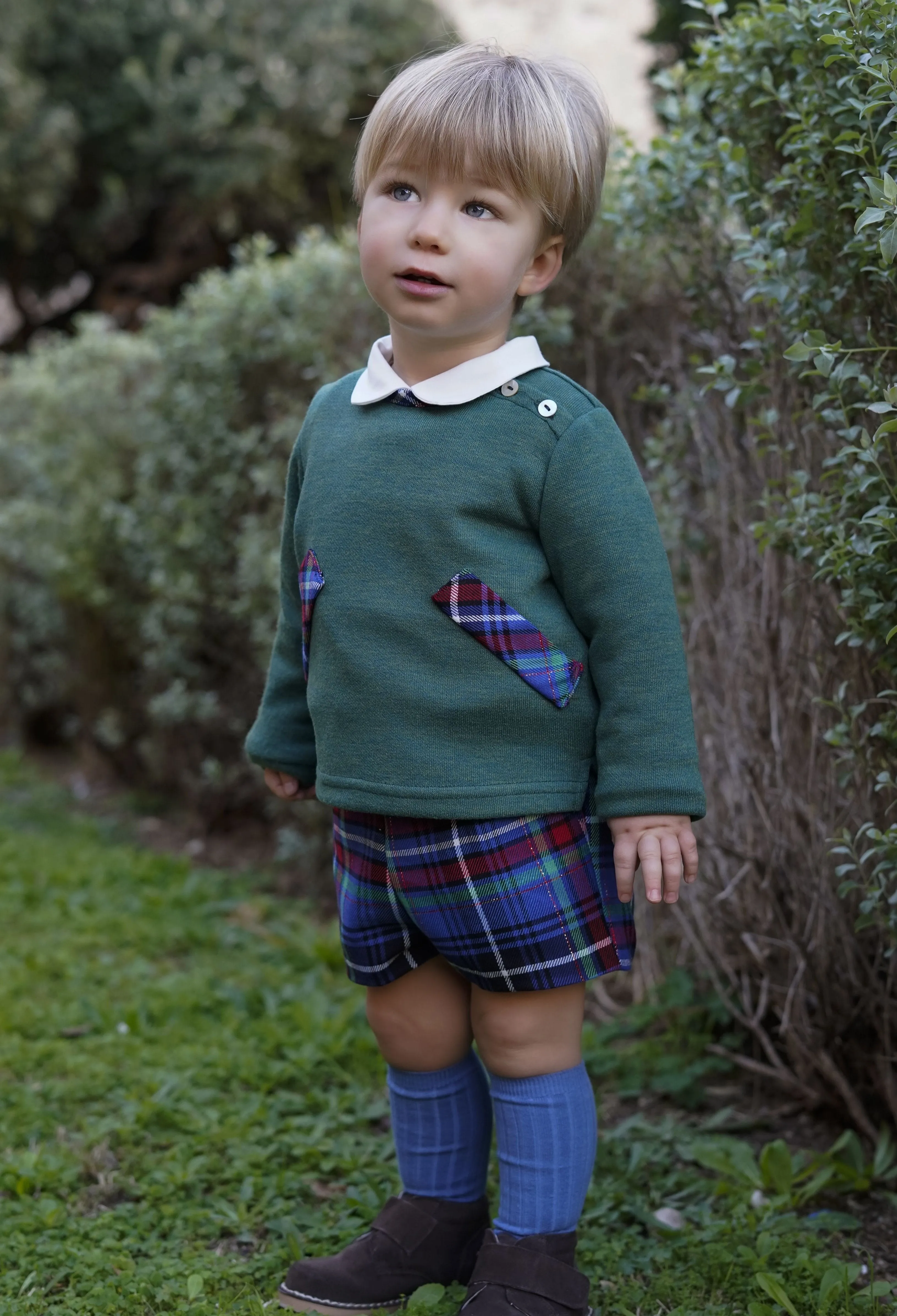 DBB Collection AW24 - Boys Blue, Green & Red Tartan Shorts & Shirt Set with Matching Green Sweater