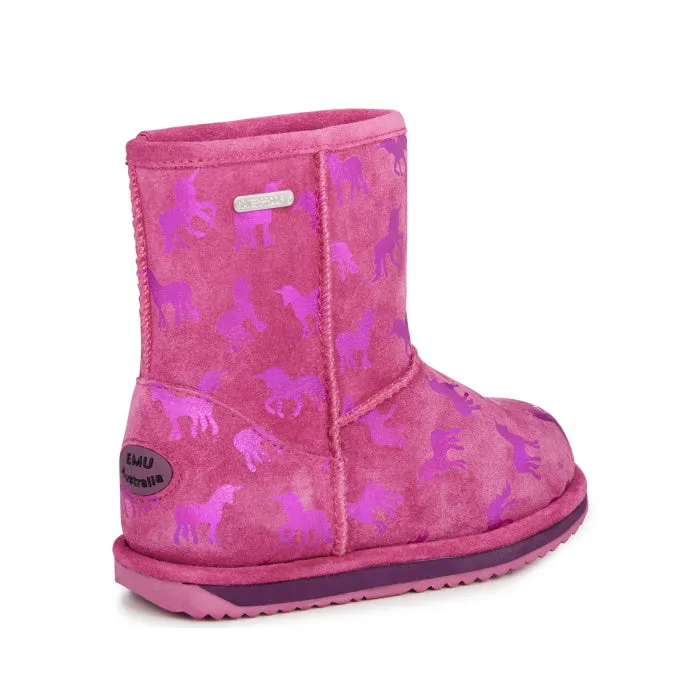 EMU Kids Brumby Rainbow Unicorn Lo WATERPROOF  Pink Wool Boots