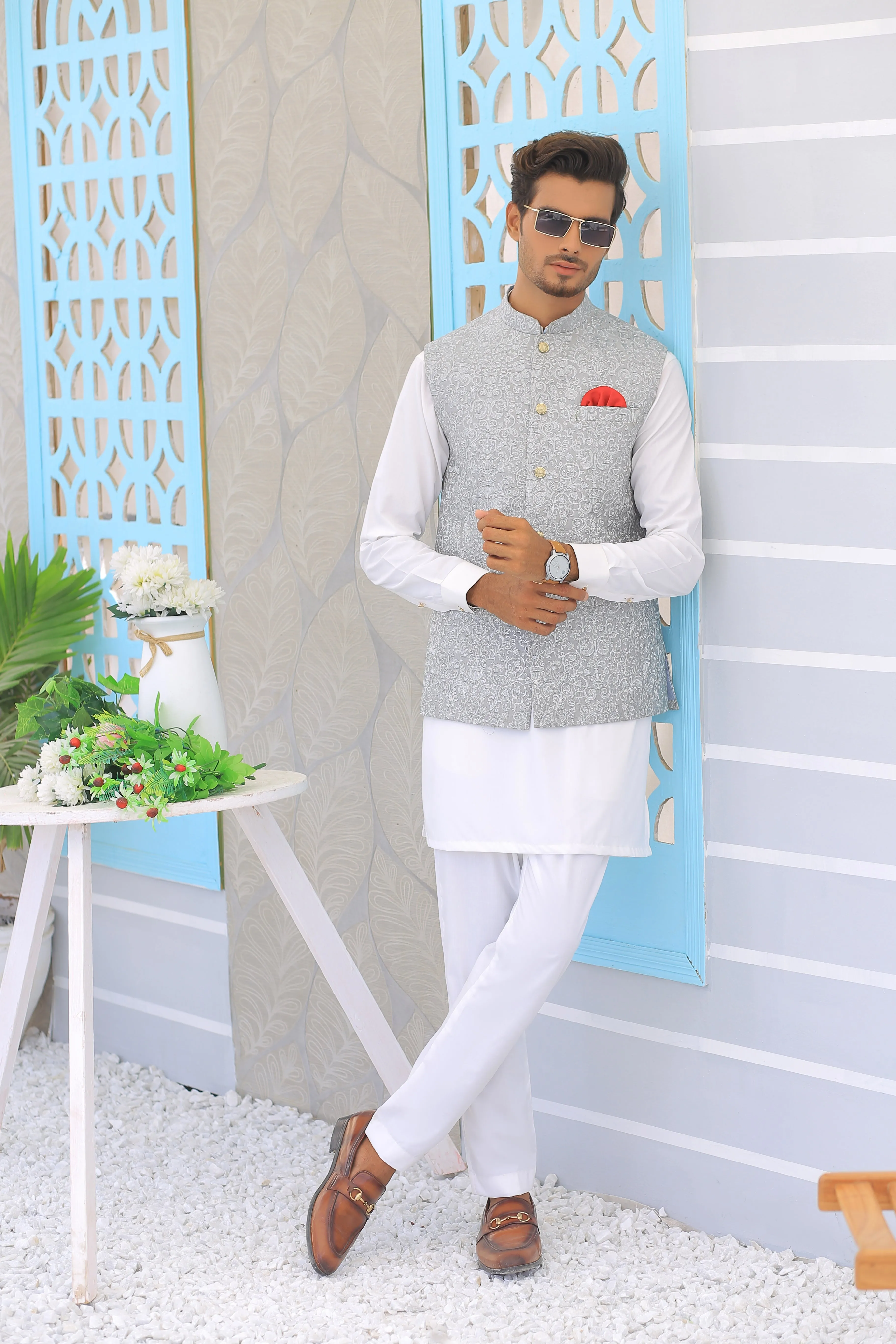 ER WC 1098 Grey Silver Embroidered Waistcoat