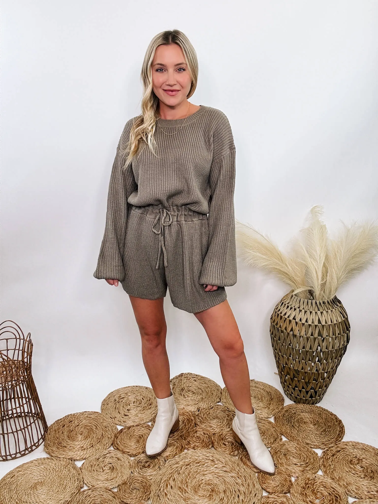 FLASH SALE Mushroom Long Sleeve Sweater Romper with Drawstring Waist