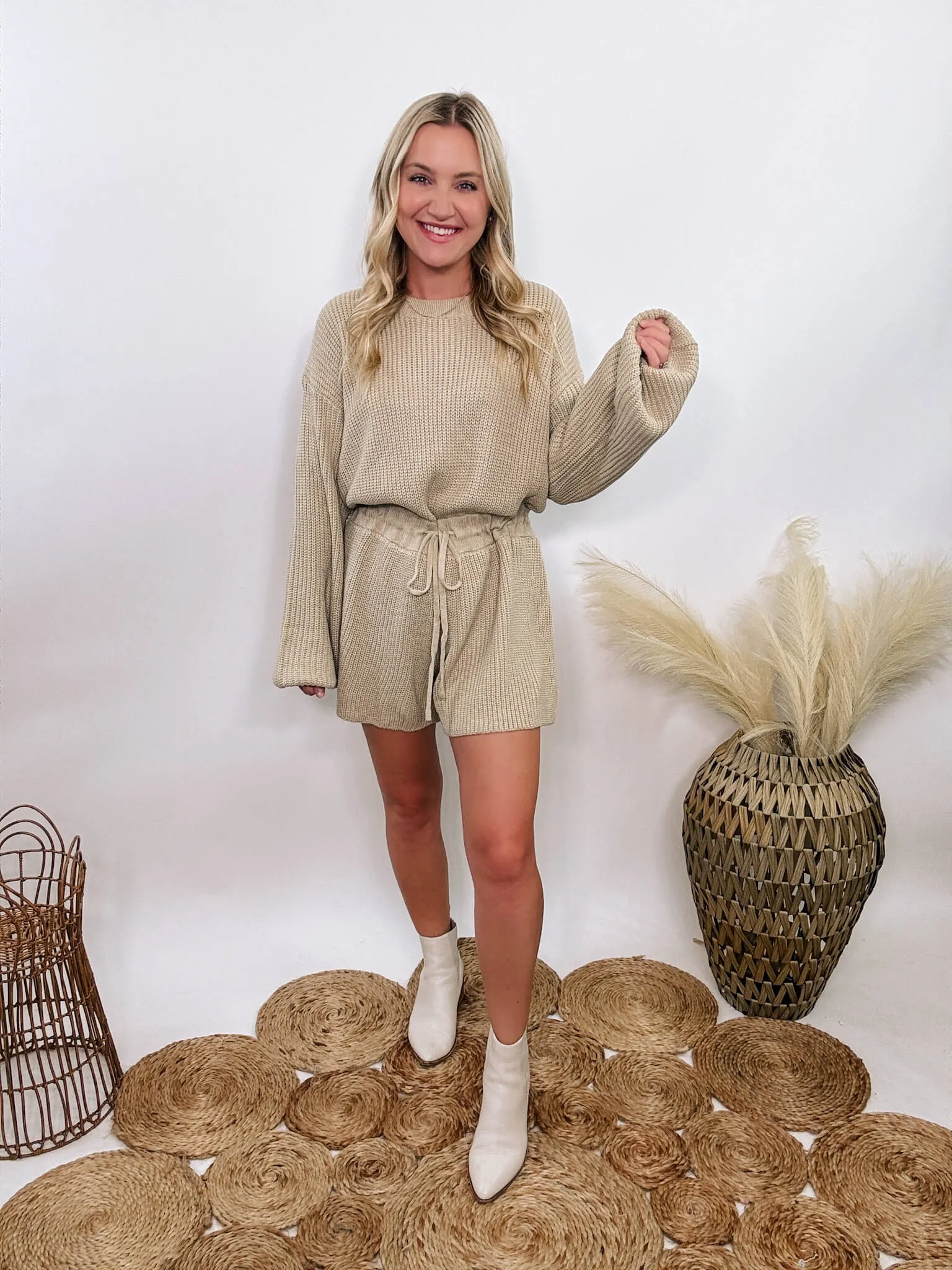 FLASH SALE - Taupe Long Sleeve Sweater Romper with Drawstring Waist