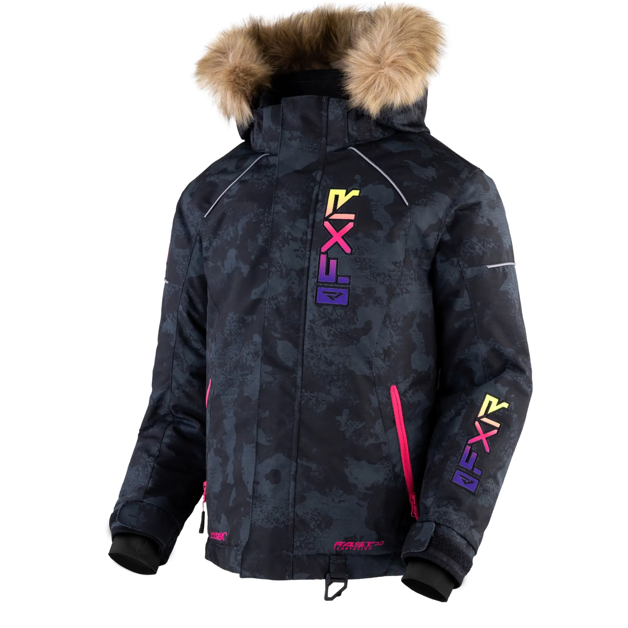 FXR  Child Fresh Snowmobile Jacket Winter HydrX YKK Black Camo Neon Fusion