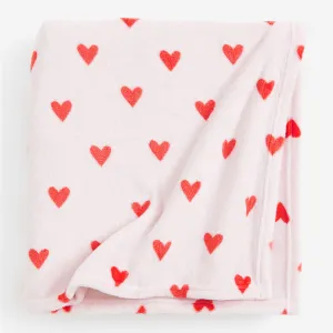 H&M Home Patterned Fleece Hearts Blanket, light pink/red