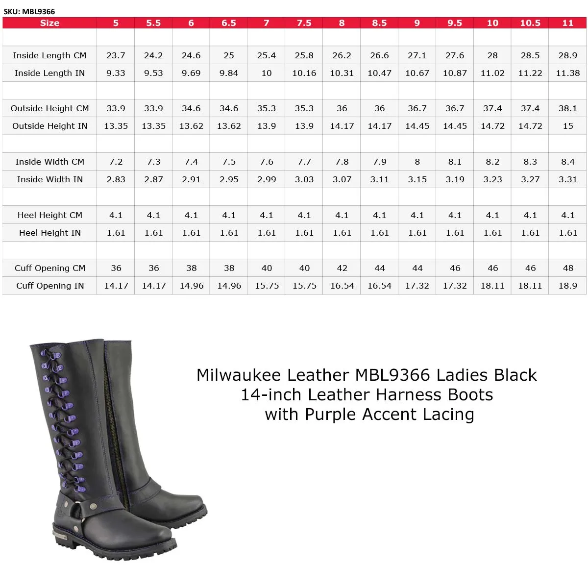 Milwaukee Leather Women's Black 14-inch Leather Harness Motorcycle Boots with Purple Accent Lacing MBL9366