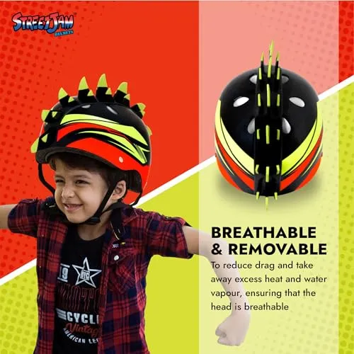 STREETJAM Finhawk Open Face Sports Helmet for Kids, Hard PP Outer Shell, EPS Inner Comfort Linner case, Adjustable Strap & Adjuster Dial, Unisex Helmet for Cycling(8-13 Years, Black (Green, Red)