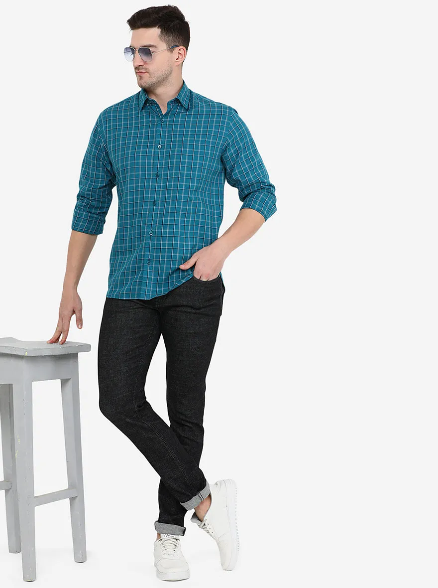 Turquoise Blue Checked Classic Fit Casual Shirt | Greenfibre